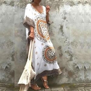 Bohemian White and Brown Maxi Dress